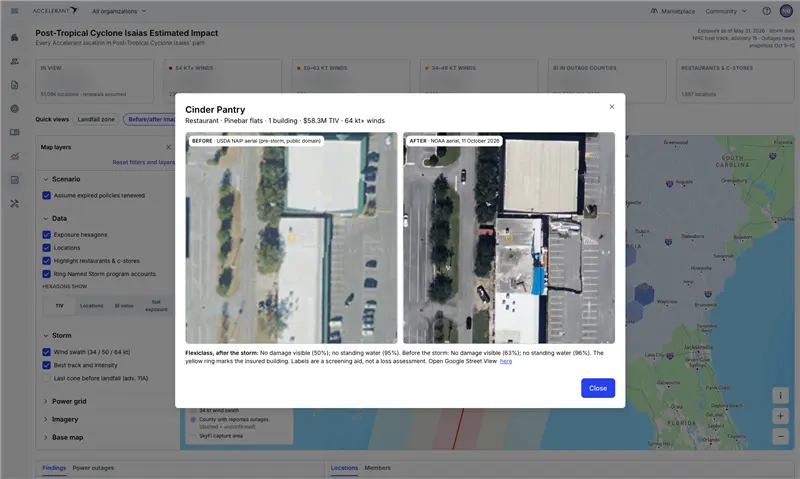 Image of a single location showing pre and post event damage